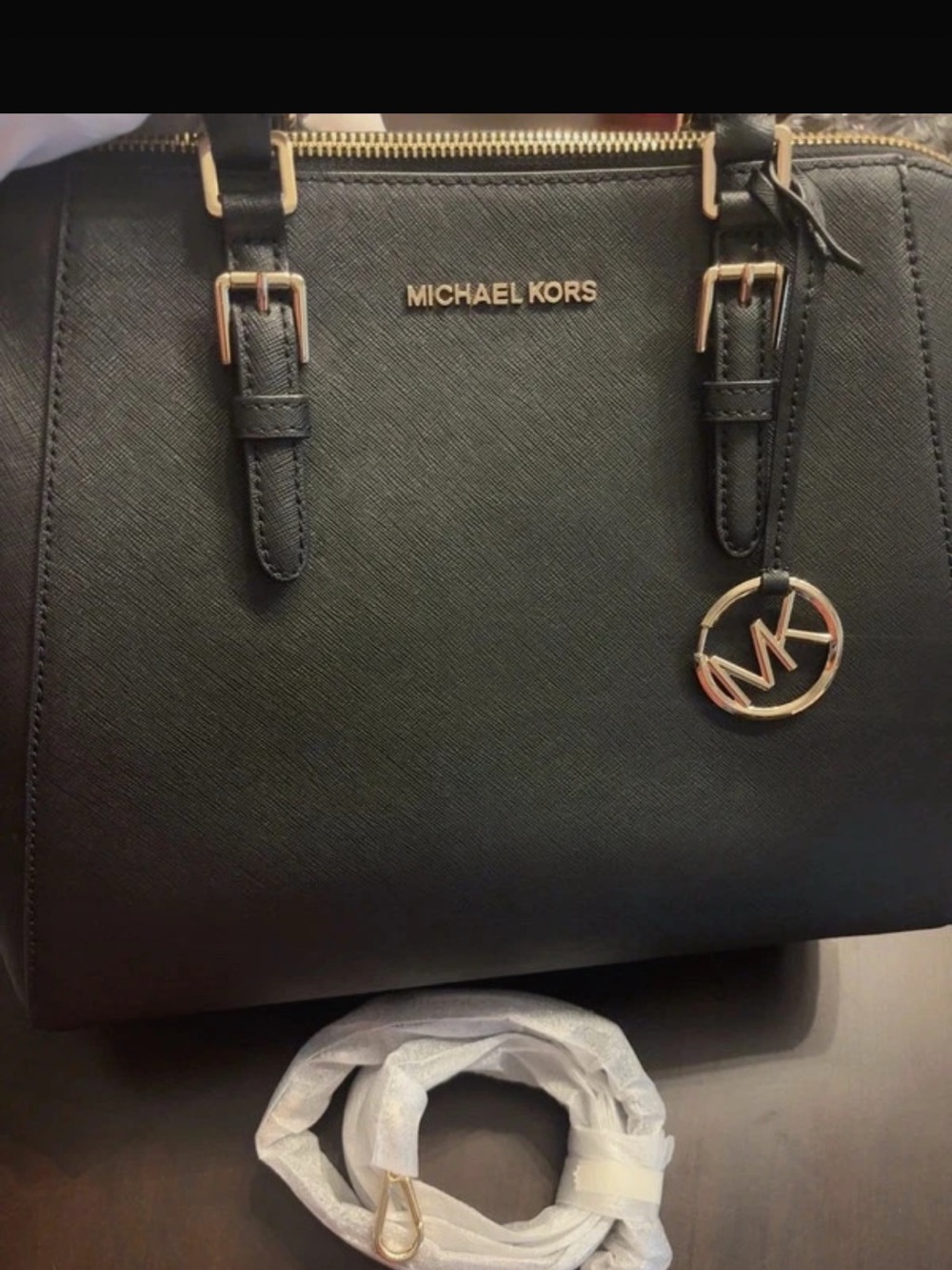 Michael Kors Black Saffiano Satchel with Gold MK Charm